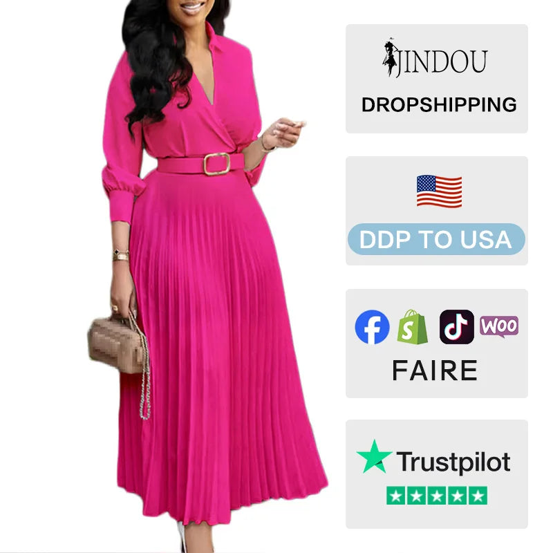 2026 Trendy Spring Dresses Women Lady Elegant Long Sleeve V-neck Pleated Office Dress Elegant Casual Dresses With Belt