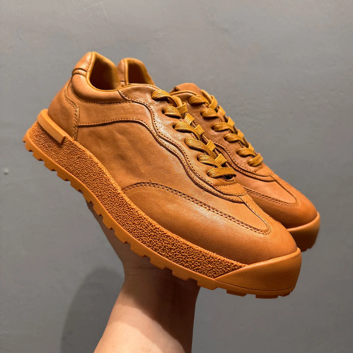 Retro Genuine Leather Platform Sneakers Brown Low Heel Casual Shoes For Men Solid Color Lace Up Chunky Sole Adhesive