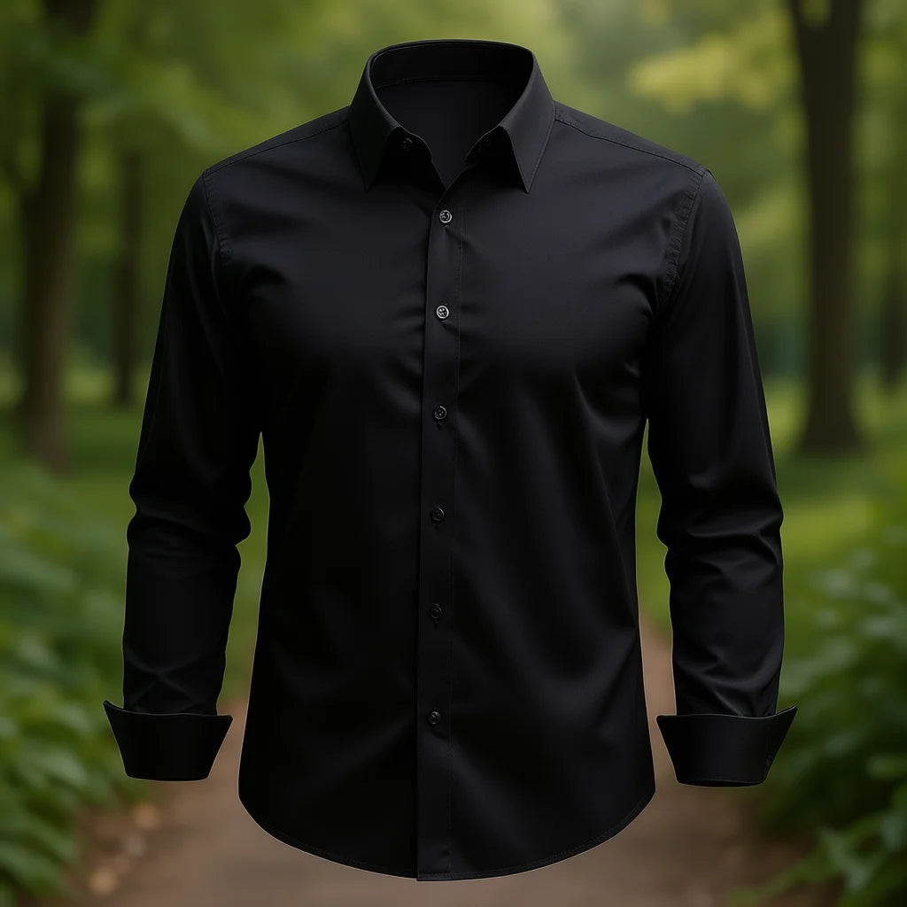 Men's Slim Fit Autumn Poplin Dress Shirt Long Sleeve Black Soft Stretch Wrinkle Free Business Formal Wedding Wear