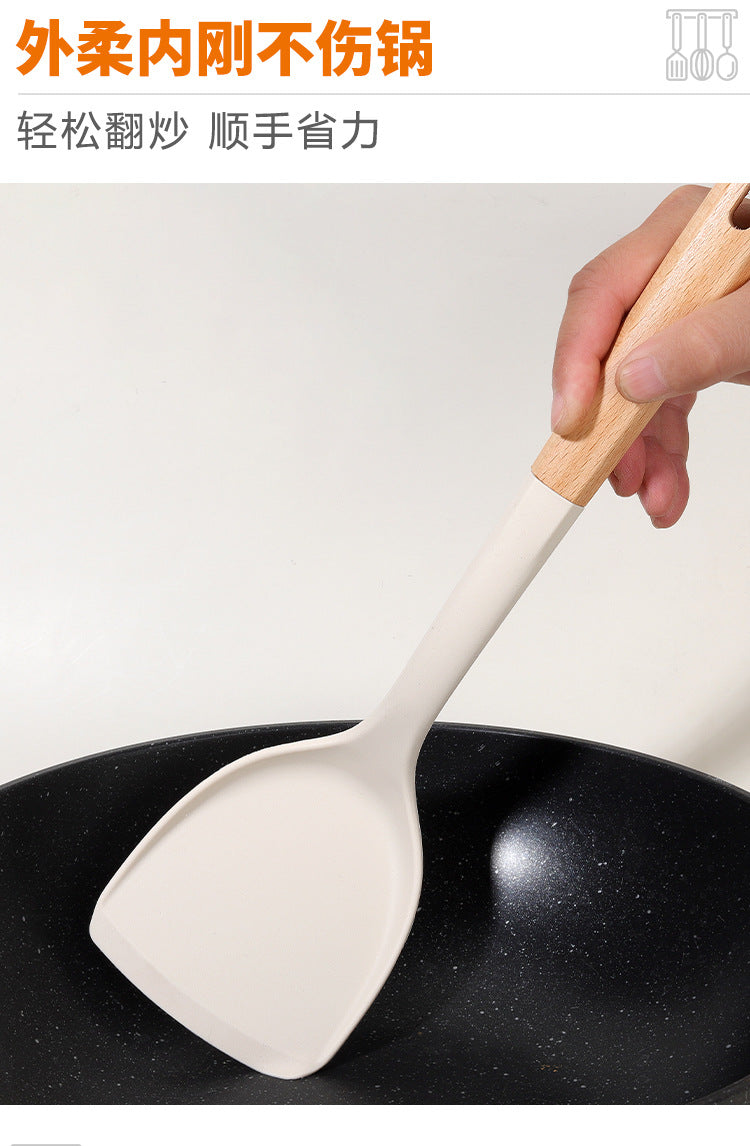Wooden Handle Silicone Kitchen Utensil Set, Non-Stick Pan, Silicone Spatula, Soup Spoon, High Temperature Resistant Silicone Cooking Spatula, Daily Kitchen Utensils