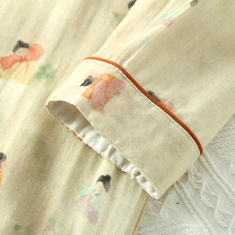 Chinese Style National Style Nightdress Women's Long Sleeve Spring and Summer Thin Bamboo Cotton Double Gauze Pajamas Bamboo Fiber Loose Home Dress