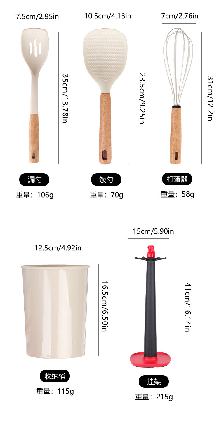 Wooden Handle Silicone Kitchen Utensil Set, Non-Stick Pan, Silicone Spatula, Soup Spoon, High Temperature Resistant Silicone Cooking Spatula, Daily Kitchen Utensils