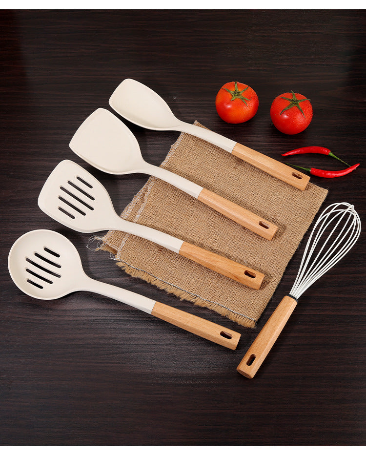 Wooden Handle Silicone Kitchen Utensil Set, Non-Stick Pan, Silicone Spatula, Soup Spoon, High Temperature Resistant Silicone Cooking Spatula, Daily Kitchen Utensils