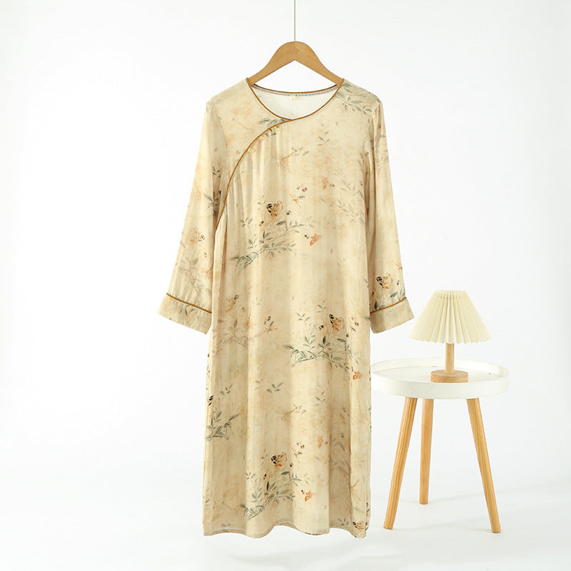 Chinese Style National Style Nightdress Women's Long Sleeve Spring and Summer Thin Bamboo Cotton Double Gauze Pajamas Bamboo Fiber Loose Home Dress
