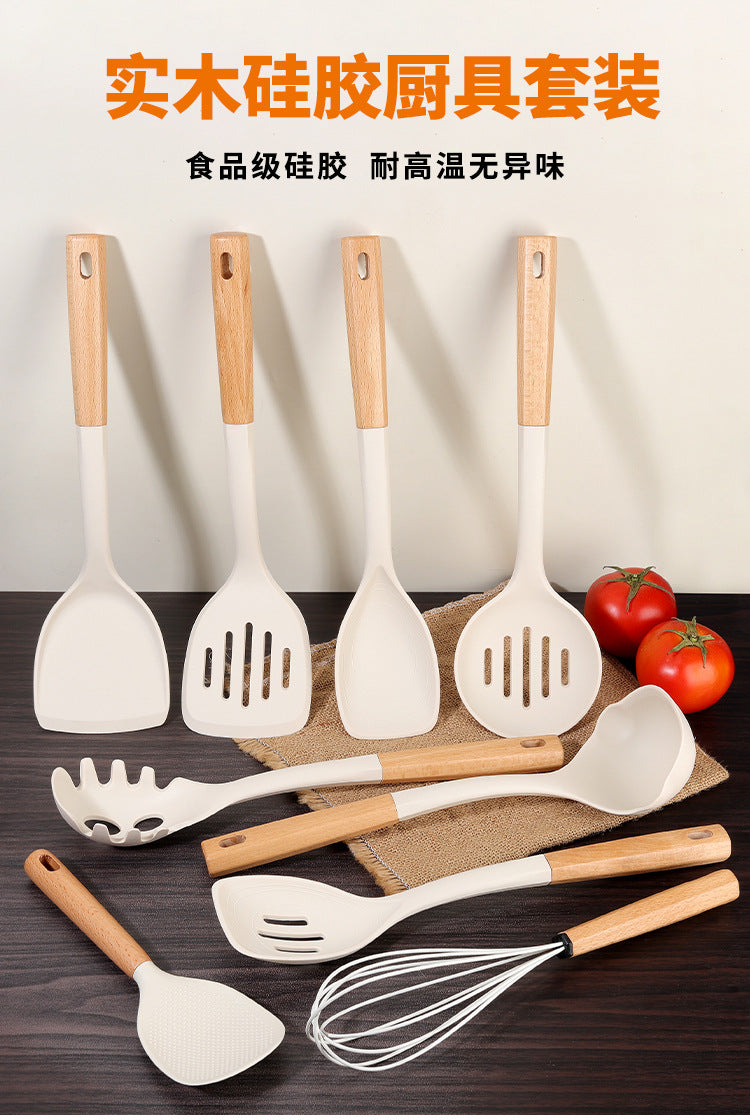 Wooden Handle Silicone Kitchen Utensil Set, Non-Stick Pan, Silicone Spatula, Soup Spoon, High Temperature Resistant Silicone Cooking Spatula, Daily Kitchen Utensils