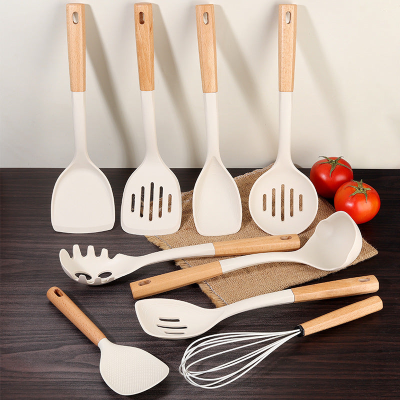 Wooden Handle Silicone Kitchen Utensil Set, Non-Stick Pan, Silicone Spatula, Soup Spoon, High Temperature Resistant Silicone Cooking Spatula, Daily Kitchen Utensils