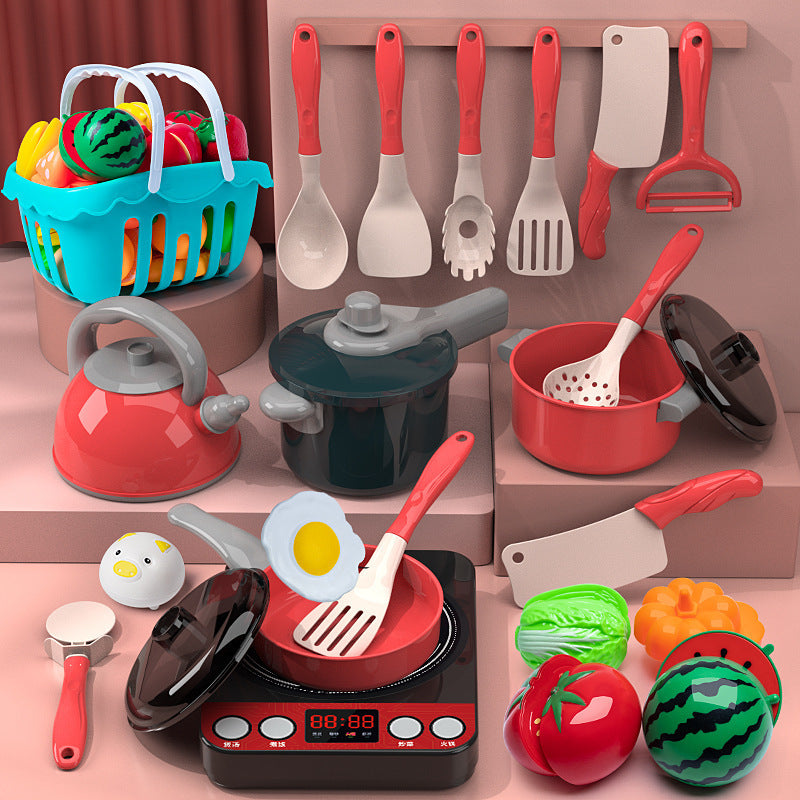 [Cross-border Exclusive] Simulation Kitchenette Cooking Kitchenware suit Fruit Chicing Music Cooking Induction Cooker to play house