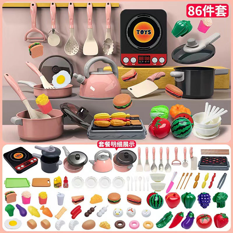 [Cross-border Exclusive] Simulation Kitchenette Cooking Kitchenware suit Fruit Chicing Music Cooking Induction Cooker to play house