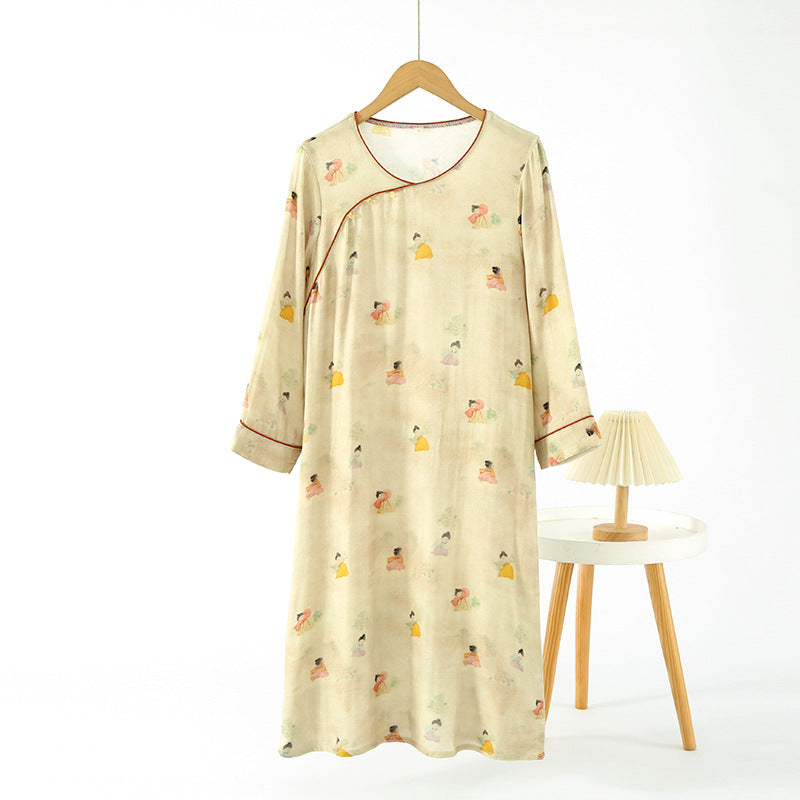 Chinese Style National Style Nightdress Women's Long Sleeve Spring and Summer Thin Bamboo Cotton Double Gauze Pajamas Bamboo Fiber Loose Home Dress