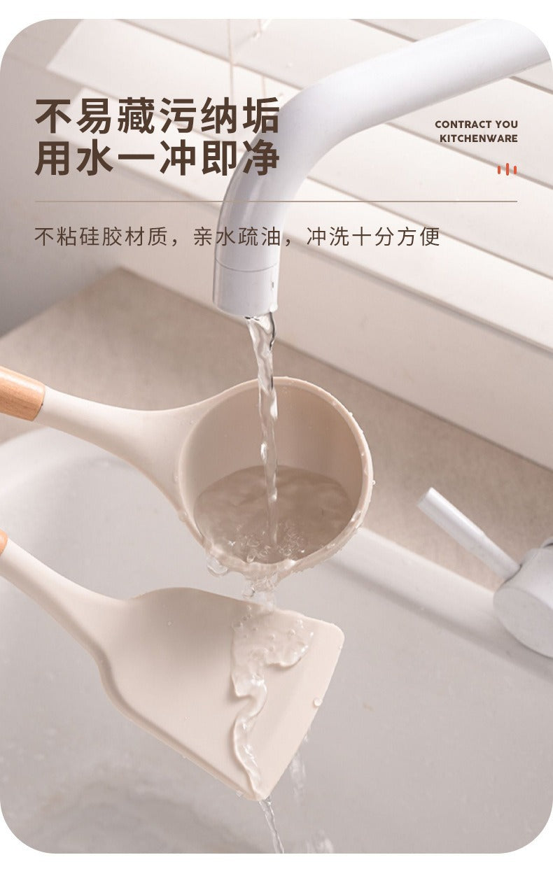Wooden Handle Silicone Kitchen Utensils Household High Temperature Resistant Spatula Soup Spoon Non-Stick Pan Special Cooking Spatula Spatula Set