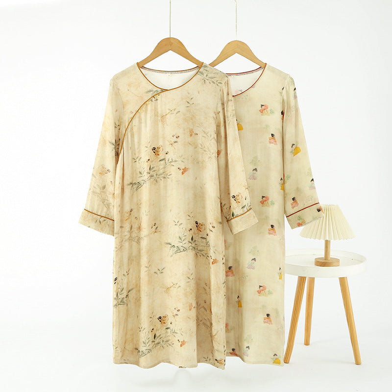 Chinese Style National Style Nightdress Women's Long Sleeve Spring and Summer Thin Bamboo Cotton Double Gauze Pajamas Bamboo Fiber Loose Home Dress