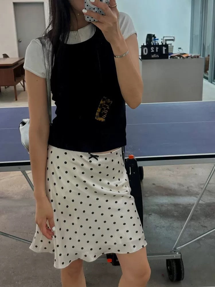 Miu Series Triacetate Polka Dot Skirt Korean Style Satin Polka Dot Elastic Waist Bias-Cut A-Line Skirt Women's Fishtail Skirt