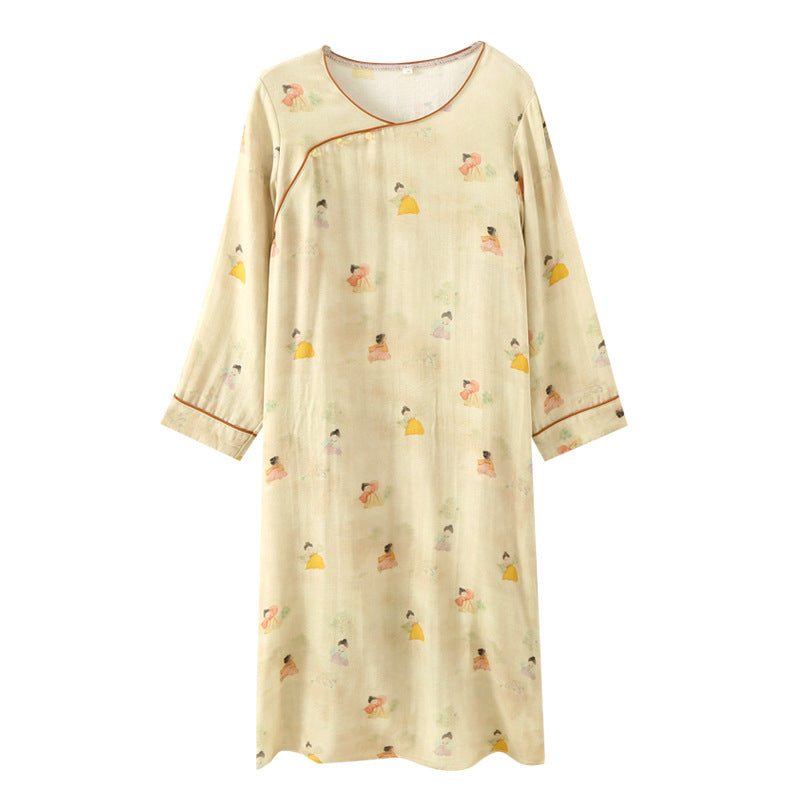 Chinese Style National Style Nightdress Women's Long Sleeve Spring and Summer Thin Bamboo Cotton Double Gauze Pajamas Bamboo Fiber Loose Home Dress