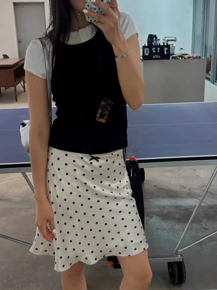 Miu Series Triacetate Polka Dot Skirt Korean Style Satin Polka Dot Elastic Waist Bias-Cut A-Line Skirt Women's Fishtail Skirt