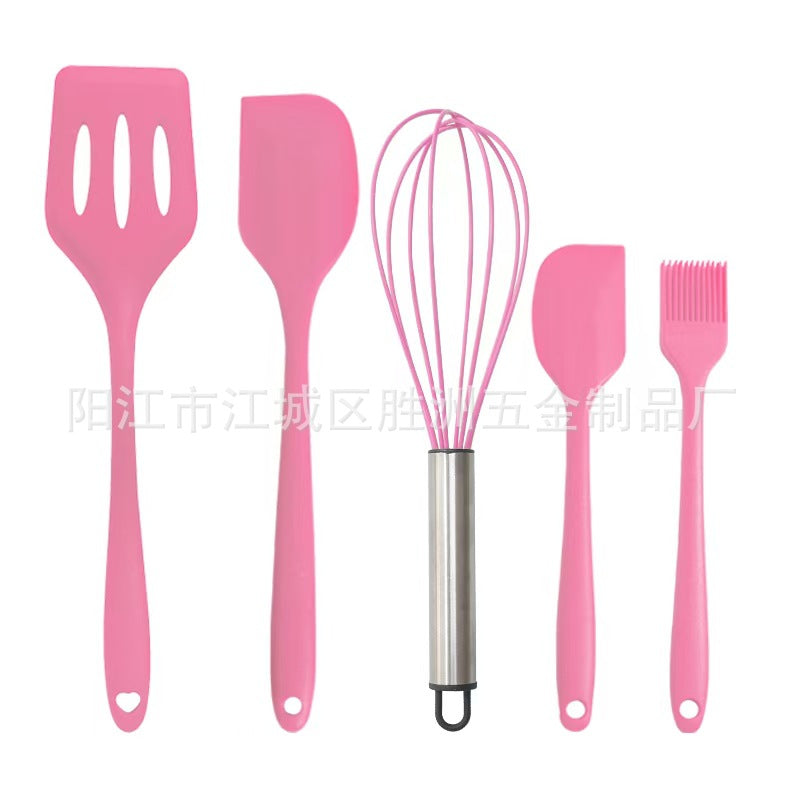Cross-Border Kitchen Silicone Spatula Brush Egg Beater Silicone Kitchen Utensils 5-Piece Set Cooking Set Baking Tools
