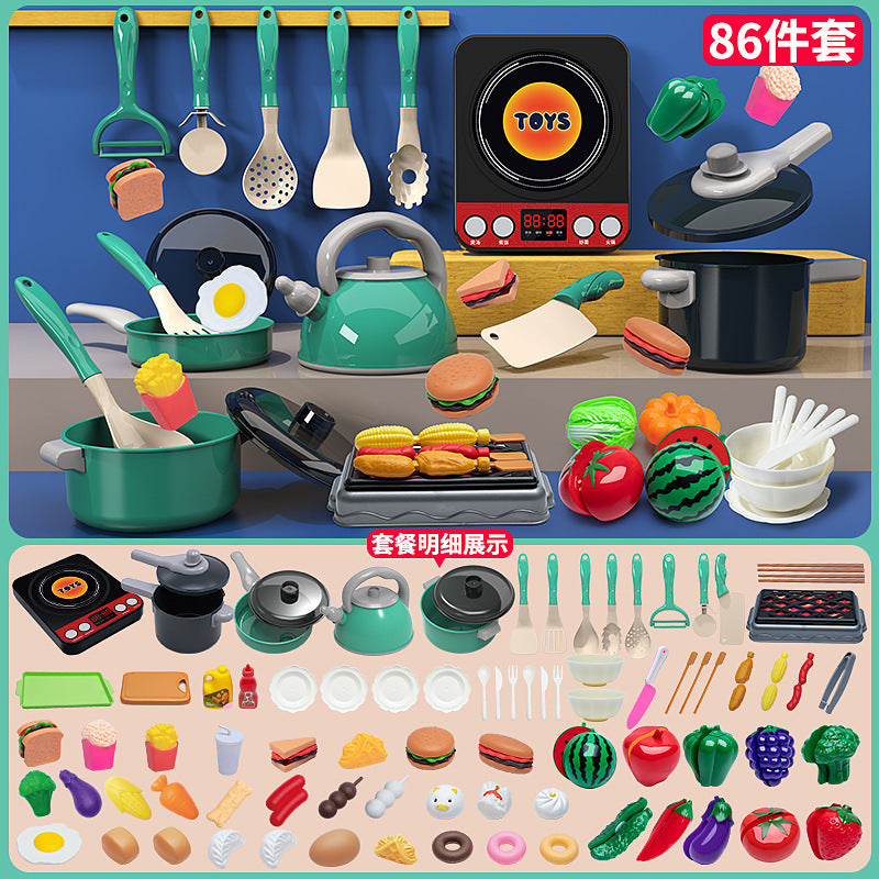 Cross-border simulation kitchenette cooking kitchenware suit fruit cutting music girls play house toys induction cooker cooking