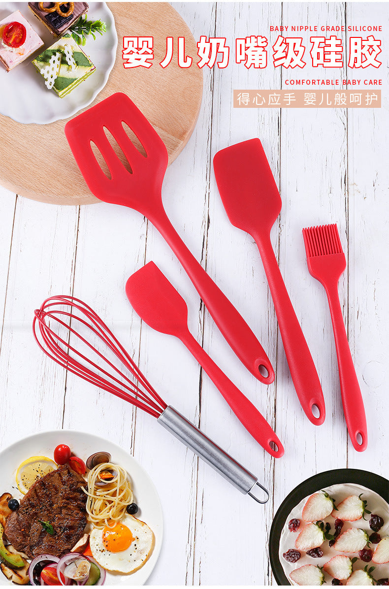 Cross-Border Kitchen Silicone Spatula Brush Egg Beater Silicone Kitchen Utensils 5-Piece Set Cooking Set Baking Tools