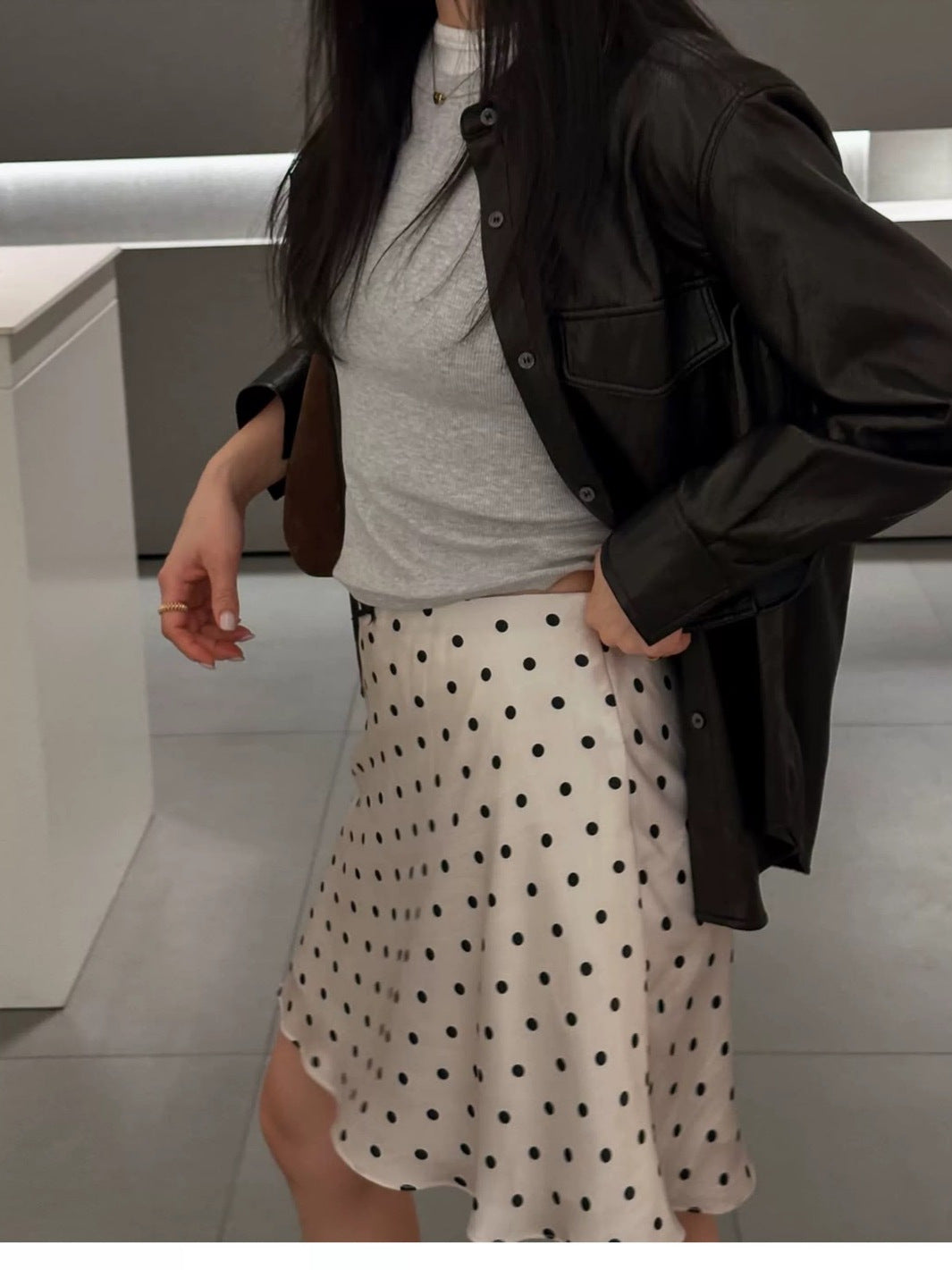 Miu Series Triacetate Polka Dot Skirt Korean Style Satin Polka Dot Elastic Waist Bias-Cut A-Line Skirt Women's Fishtail Skirt