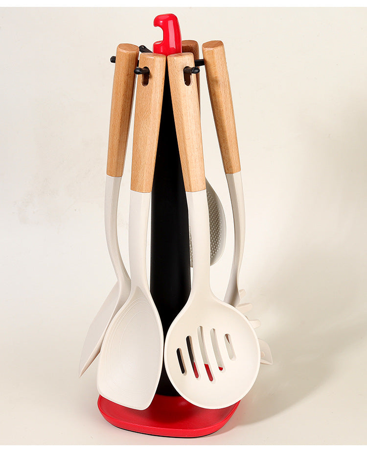 Wooden Handle Silicone Kitchen Utensil Set, Non-Stick Pan, Silicone Spatula, Soup Spoon, High Temperature Resistant Silicone Cooking Spatula, Daily Kitchen Utensils
