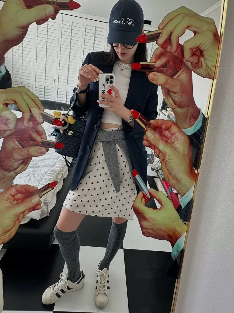 Miu Series Triacetate Polka Dot Skirt Korean Style Satin Polka Dot Elastic Waist Bias-Cut A-Line Skirt Women's Fishtail Skirt