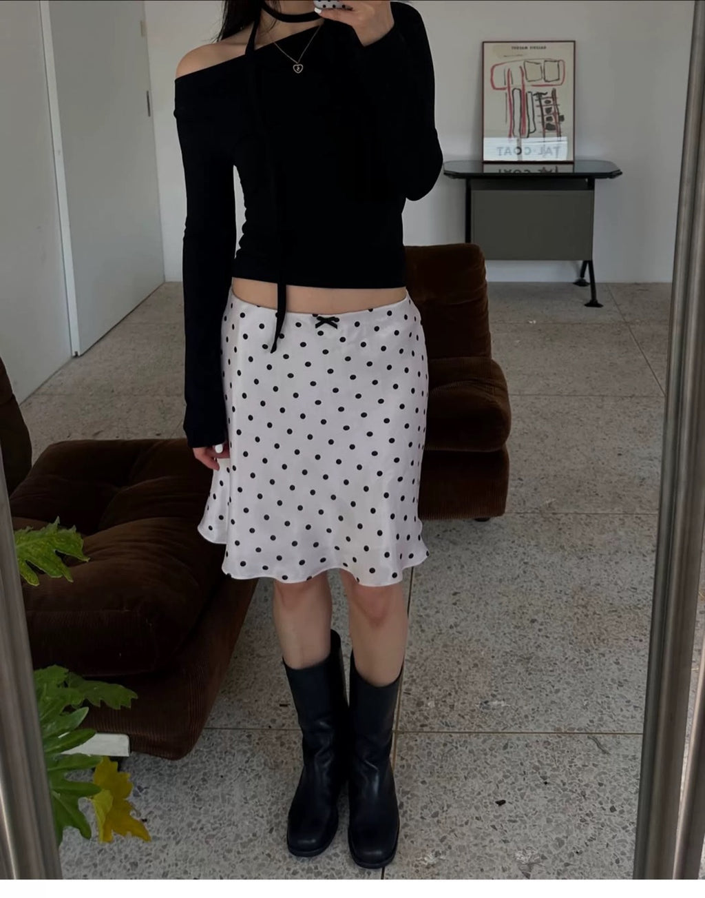 Miu Series Triacetate Polka Dot Skirt Korean Style Satin Polka Dot Elastic Waist Bias-Cut A-Line Skirt Women's Fishtail Skirt