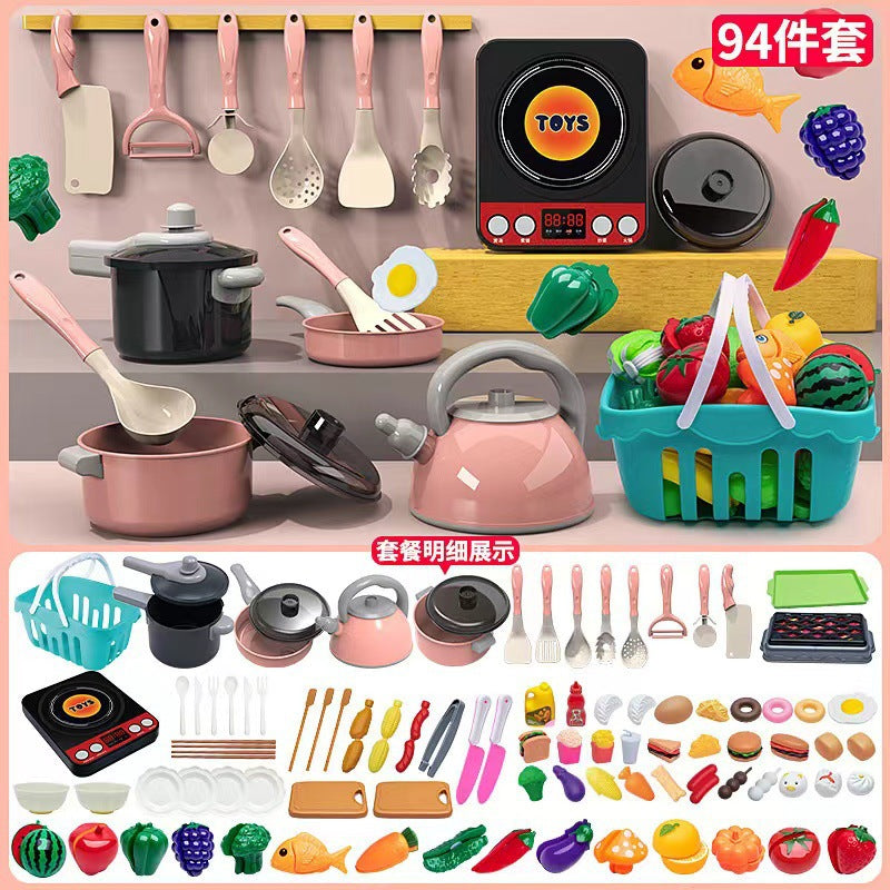 Cross-border simulation kitchenette cooking kitchenware suit fruit cutting music girls play house toys induction cooker cooking
