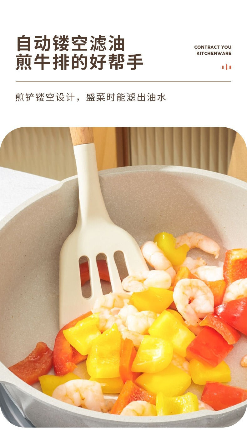 Wooden Handle Silicone Kitchen Utensils Household High Temperature Resistant Spatula Soup Spoon Non-Stick Pan Special Cooking Spatula Spatula Set