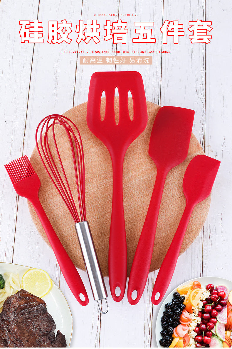 Cross-Border Kitchen Silicone Spatula Brush Egg Beater Silicone Kitchen Utensils 5-Piece Set Cooking Set Baking Tools