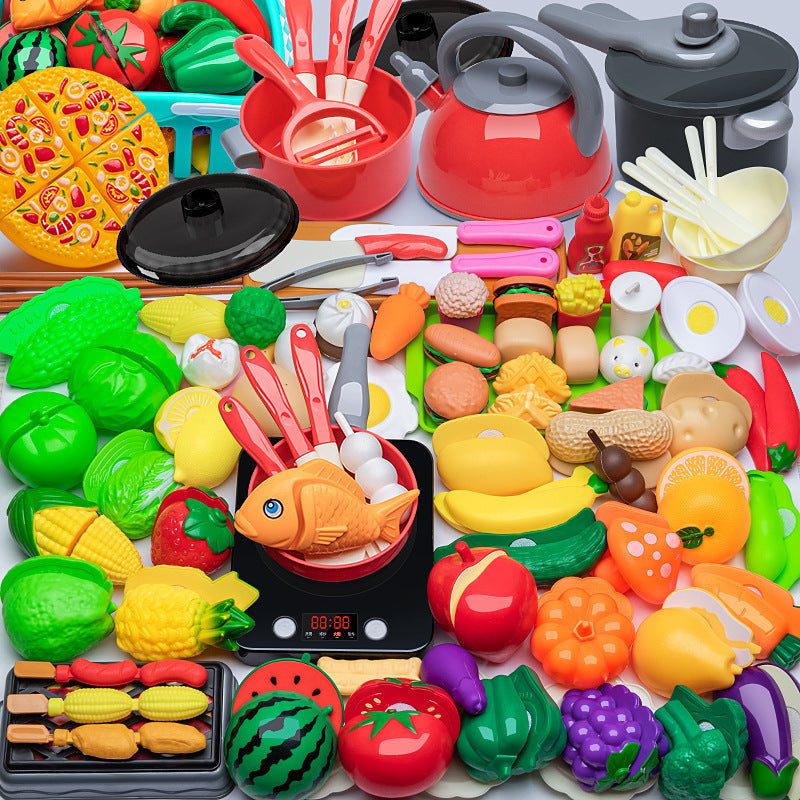 [Cross-border Exclusive] Simulation Kitchenette Cooking Kitchenware suit Fruit Chicing Music Cooking Induction Cooker to play house