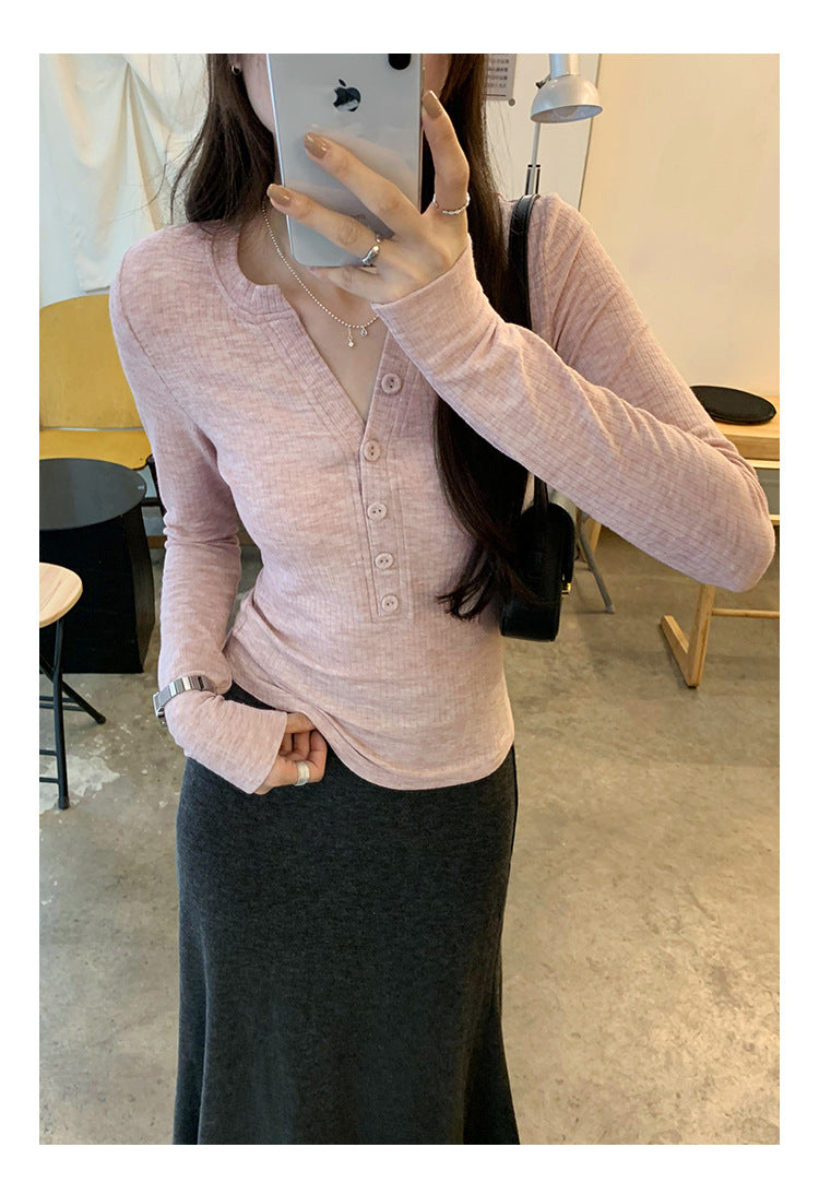 European in stock Korean Style Lazy Relaxation Inner Base T-shirt Women's Early Autumn New Style Elegant Slim-fit Half-open Collar