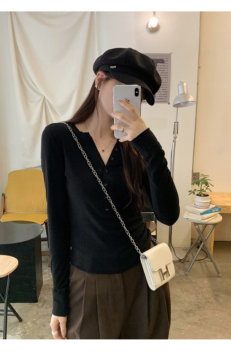 European in stock Korean Style Lazy Relaxation Inner Base T-shirt Women's Early Autumn New Style Elegant Slim-fit Half-open Collar