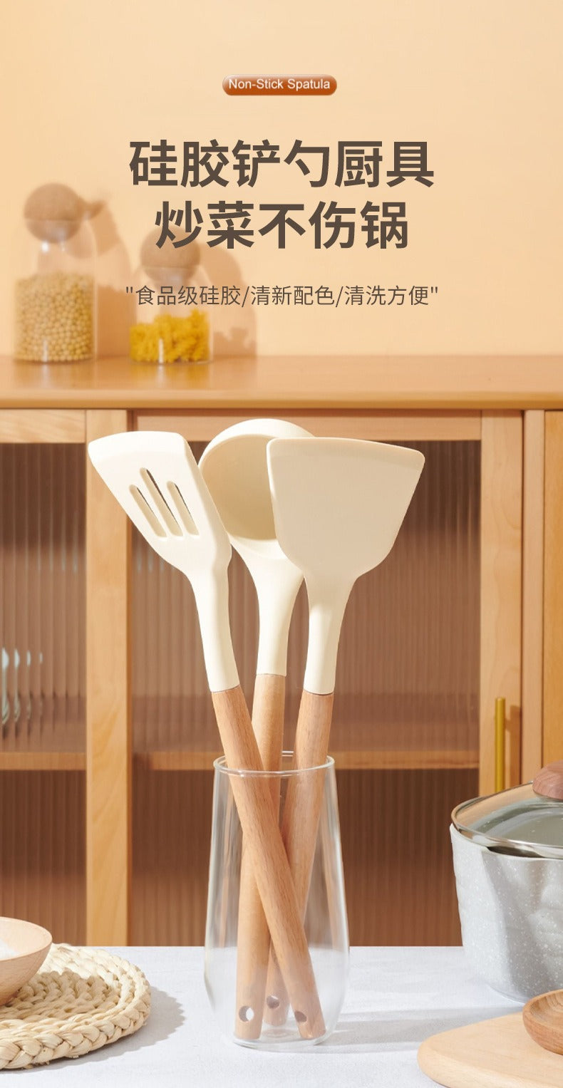 Wooden Handle Silicone Kitchen Utensils Household High Temperature Resistant Spatula Soup Spoon Non-Stick Pan Special Cooking Spatula Spatula Set