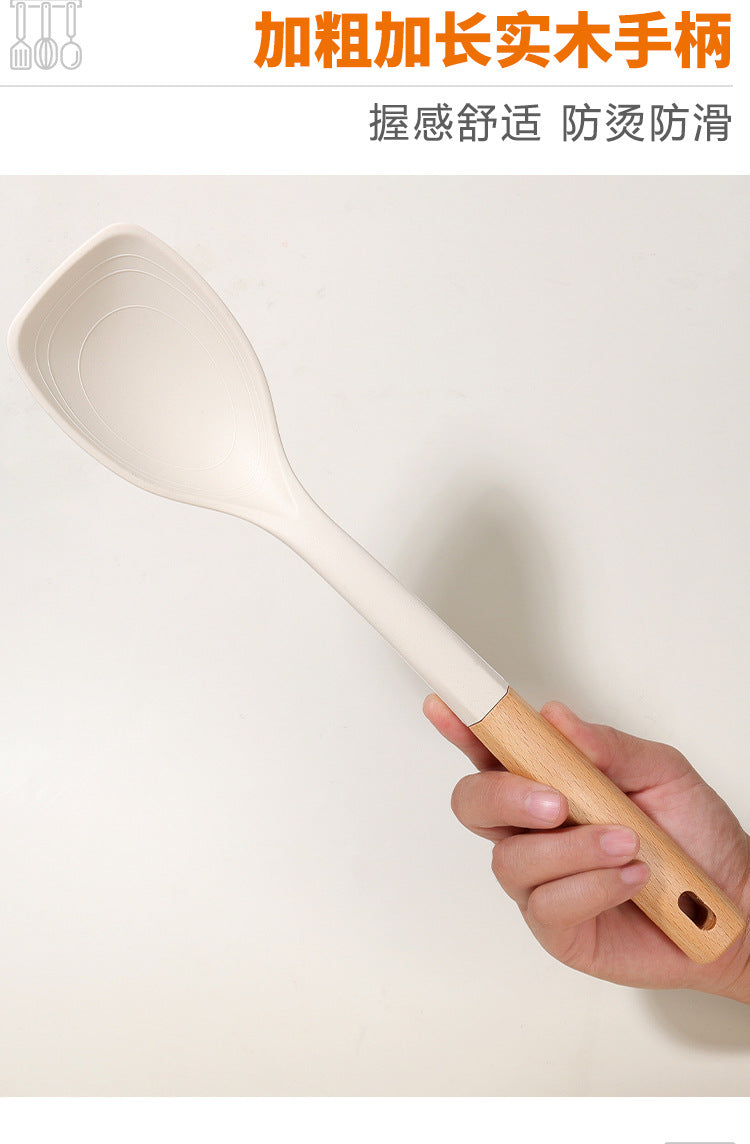 Wooden Handle Silicone Kitchen Utensil Set, Non-Stick Pan, Silicone Spatula, Soup Spoon, High Temperature Resistant Silicone Cooking Spatula, Daily Kitchen Utensils