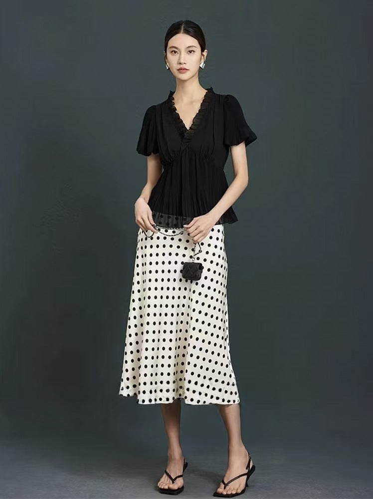 Miu Series Triacetate Polka Dot Skirt Korean Style Satin Polka Dot Elastic Waist Bias-Cut A-Line Skirt Women's Fishtail Skirt