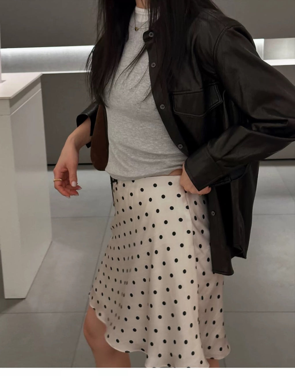 Miu Series Triacetate Polka Dot Skirt Korean Style Satin Polka Dot Elastic Waist Bias-Cut A-Line Skirt Women's Fishtail Skirt