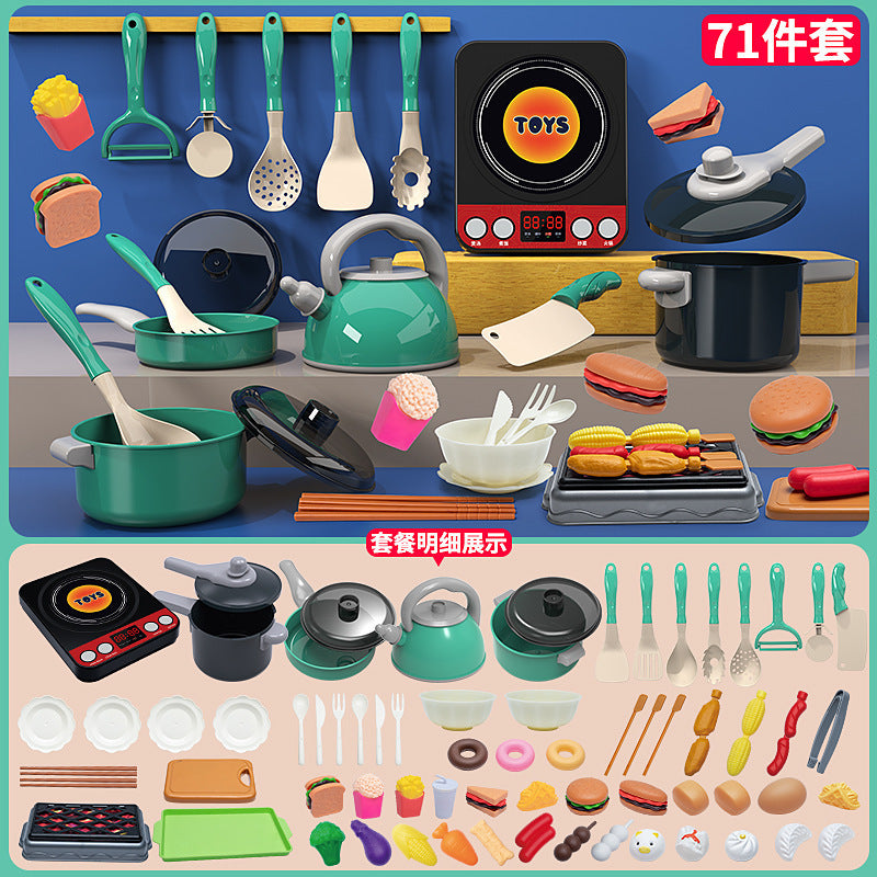 Cross-border simulation kitchenette cooking kitchenware suit fruit cutting music girls play house toys induction cooker cooking