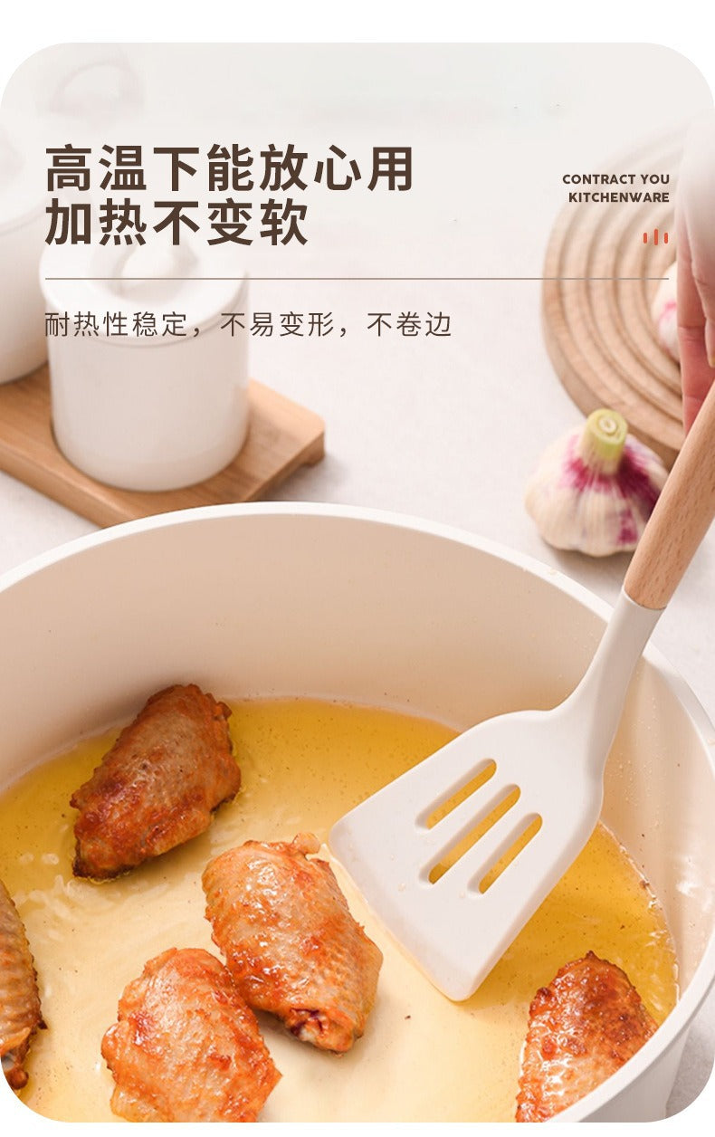 Wooden Handle Silicone Kitchen Utensils Household High Temperature Resistant Spatula Soup Spoon Non-Stick Pan Special Cooking Spatula Spatula Set