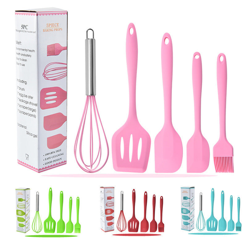 Cross-Border Kitchen Silicone Spatula Brush Egg Beater Silicone Kitchen Utensils 5-Piece Set Cooking Set Baking Tools