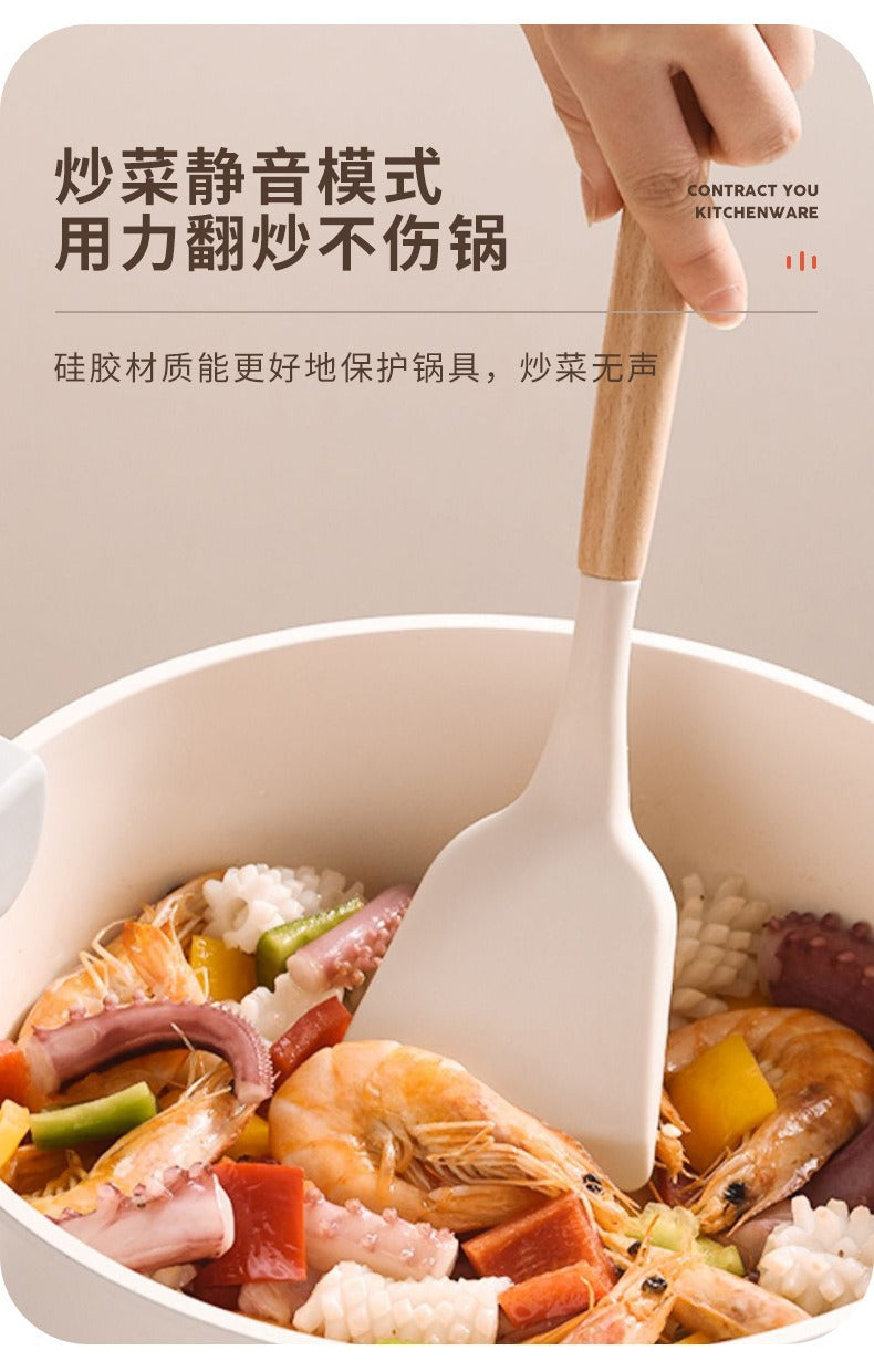 Wooden Handle Silicone Kitchen Utensils Household High Temperature Resistant Spatula Soup Spoon Non-Stick Pan Special Cooking Spatula Spatula Set