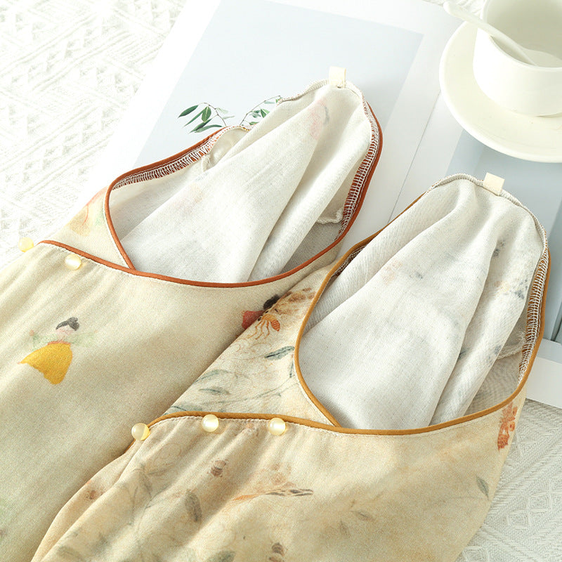 Chinese Style National Style Nightdress Women's Long Sleeve Spring and Summer Thin Bamboo Cotton Double Gauze Pajamas Bamboo Fiber Loose Home Dress