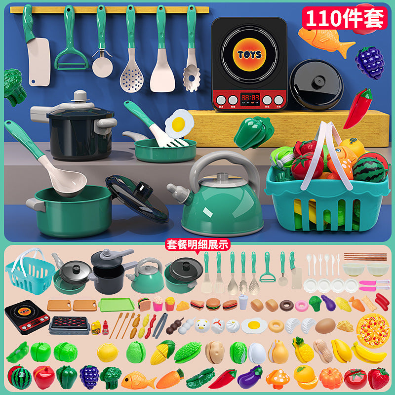 Cross-border simulation kitchenette cooking kitchenware suit fruit cutting music girls play house toys induction cooker cooking