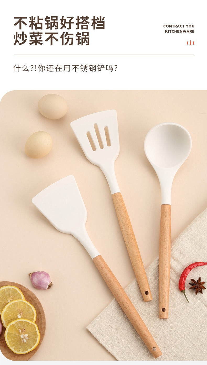 Wooden Handle Silicone Kitchen Utensils Household High Temperature Resistant Spatula Soup Spoon Non-Stick Pan Special Cooking Spatula Spatula Set