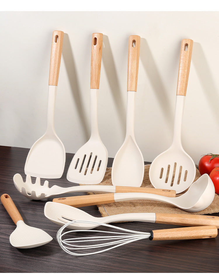 Wooden Handle Silicone Kitchen Utensil Set, Non-Stick Pan, Silicone Spatula, Soup Spoon, High Temperature Resistant Silicone Cooking Spatula, Daily Kitchen Utensils