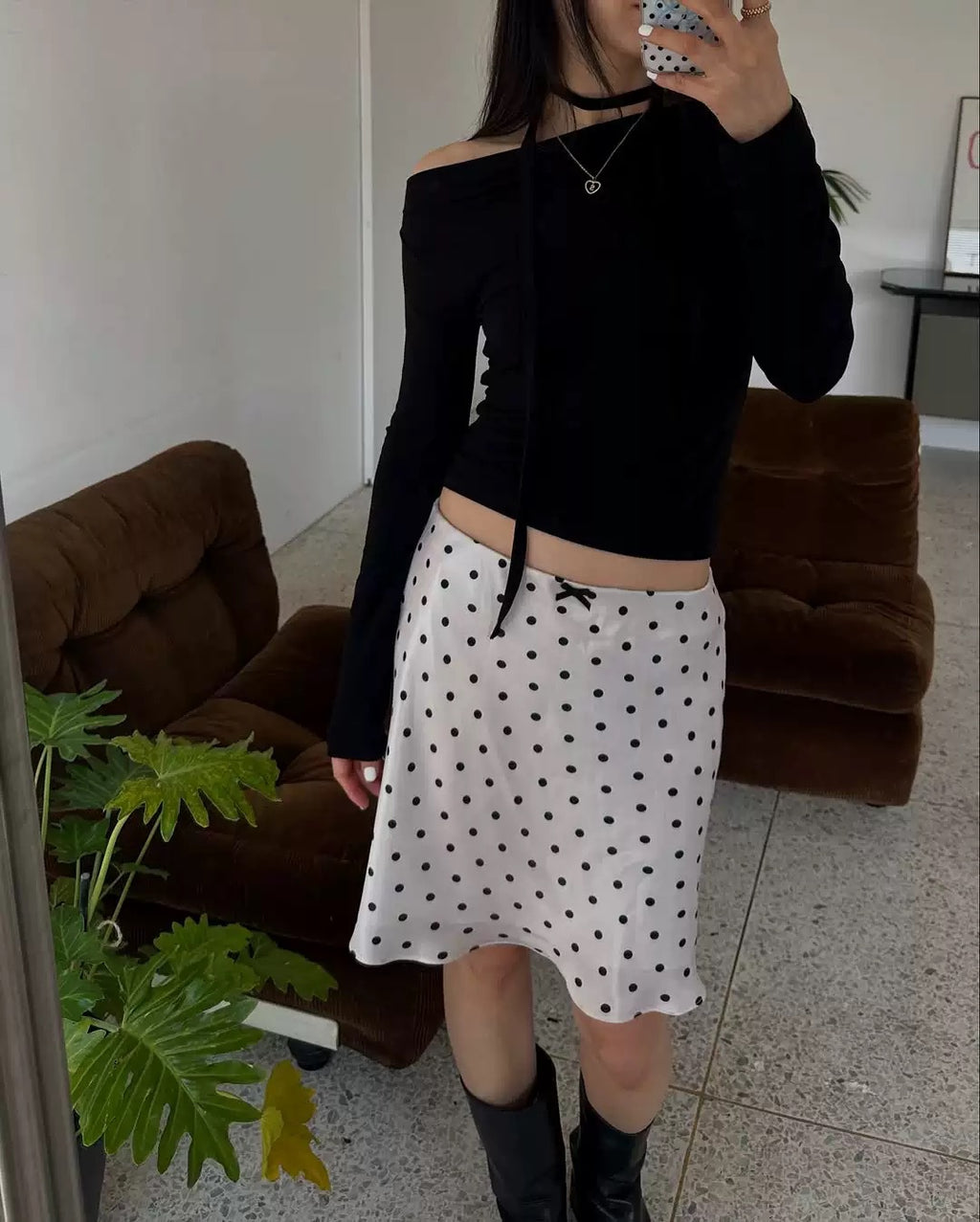 Miu Series Triacetate Polka Dot Skirt Korean Style Satin Polka Dot Elastic Waist Bias-Cut A-Line Skirt Women's Fishtail Skirt