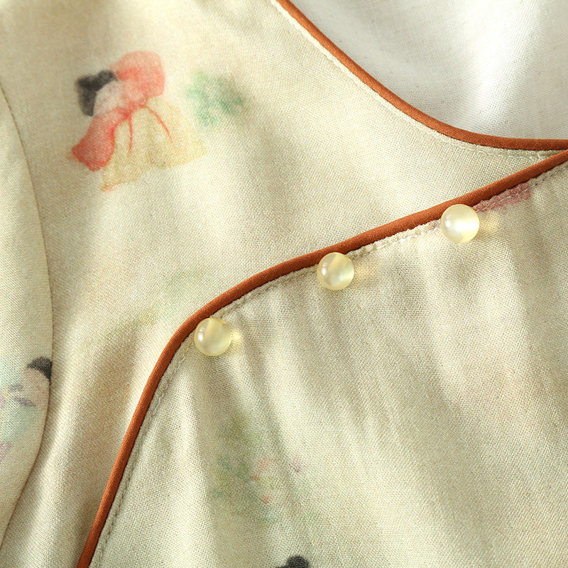 Chinese Style National Style Nightdress Women's Long Sleeve Spring and Summer Thin Bamboo Cotton Double Gauze Pajamas Bamboo Fiber Loose Home Dress
