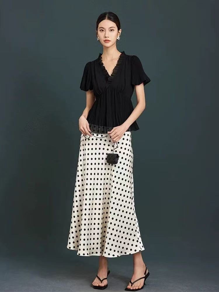 Miu Series Triacetate Polka Dot Skirt Korean Style Satin Polka Dot Elastic Waist Bias-Cut A-Line Skirt Women's Fishtail Skirt