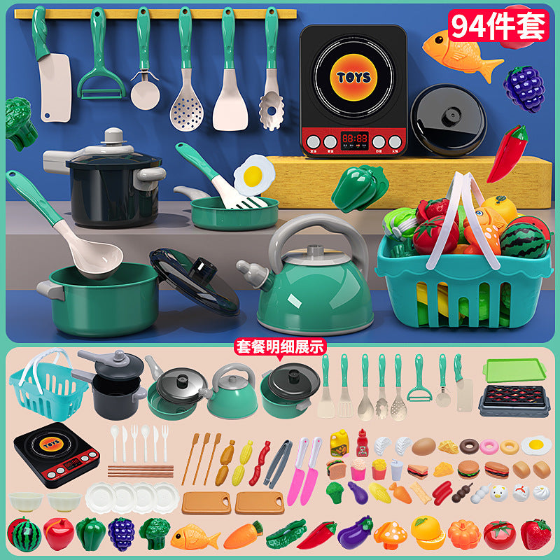 [Cross-border Exclusive] Simulation Kitchenette Cooking Kitchenware suit Fruit Chicing Music Cooking Induction Cooker to play house