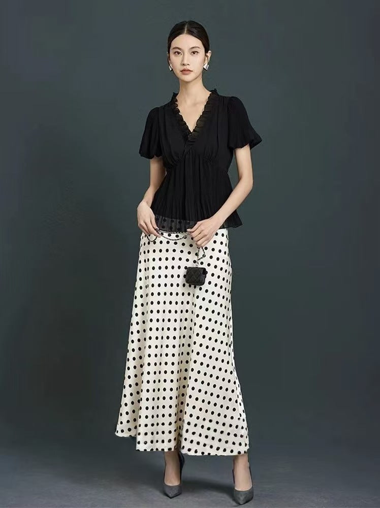 Miu Series Triacetate Polka Dot Skirt Korean Style Satin Polka Dot Elastic Waist Bias-Cut A-Line Skirt Women's Fishtail Skirt