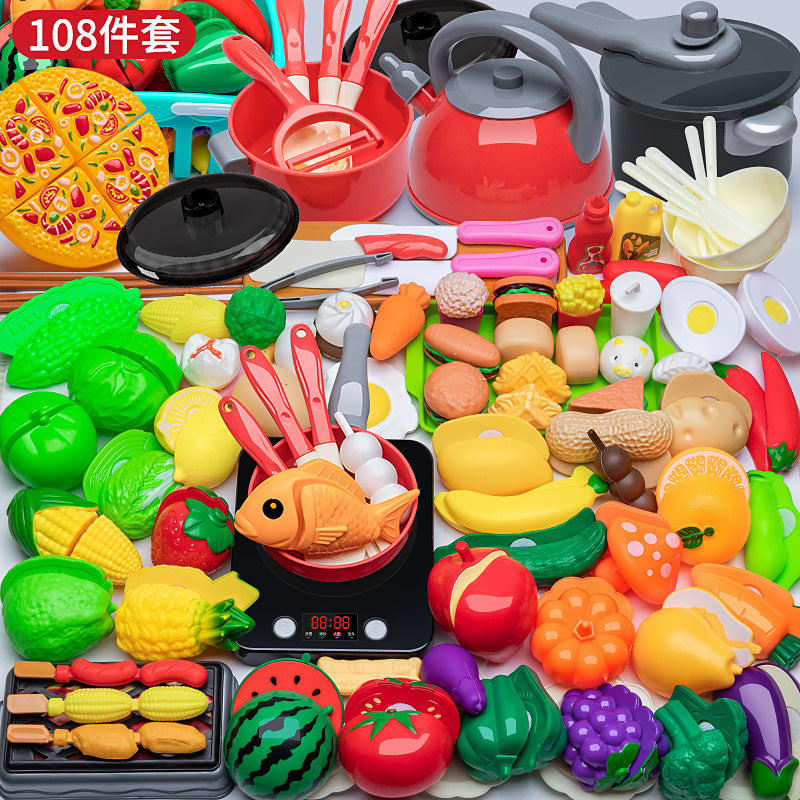 [Cross-border Exclusive] Simulation Kitchenette Cooking Kitchenware suit Fruit Chicing Music Cooking Induction Cooker to play house