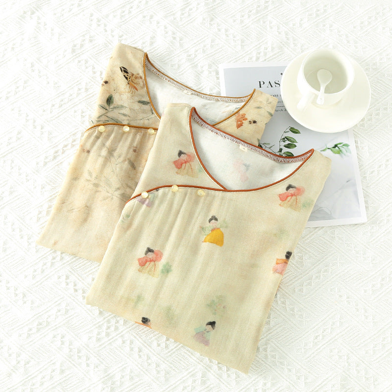 Chinese Style National Style Nightdress Women's Long Sleeve Spring and Summer Thin Bamboo Cotton Double Gauze Pajamas Bamboo Fiber Loose Home Dress